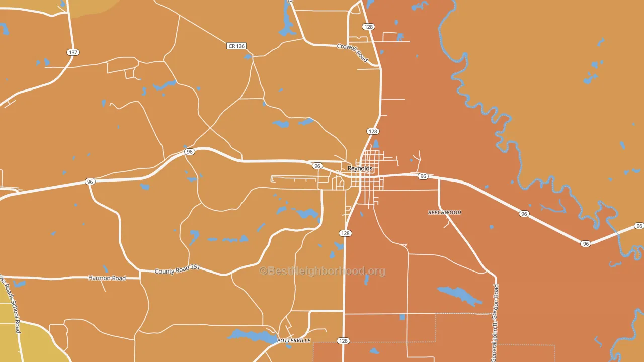 Map of the best neighborhoods in the Reynolds area, with better matches in green and worse matches in red