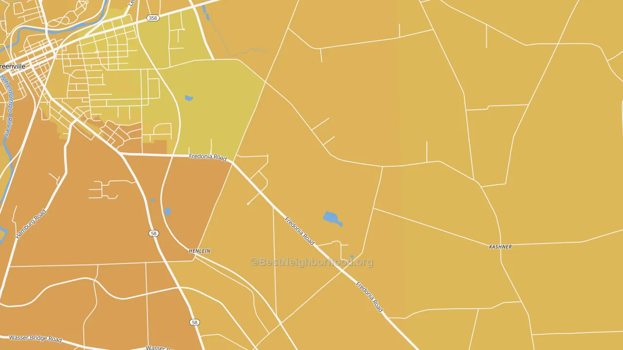 Map of the best neighborhoods in the Reynolds Heights area, with better matches in green and worse matches in red