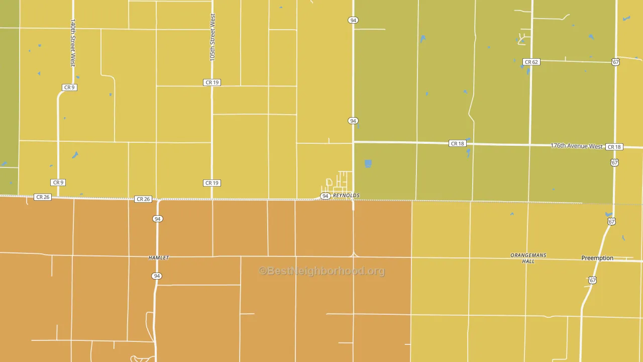 Map of the best neighborhoods in the Reynolds area, with better matches in green and worse matches in red
