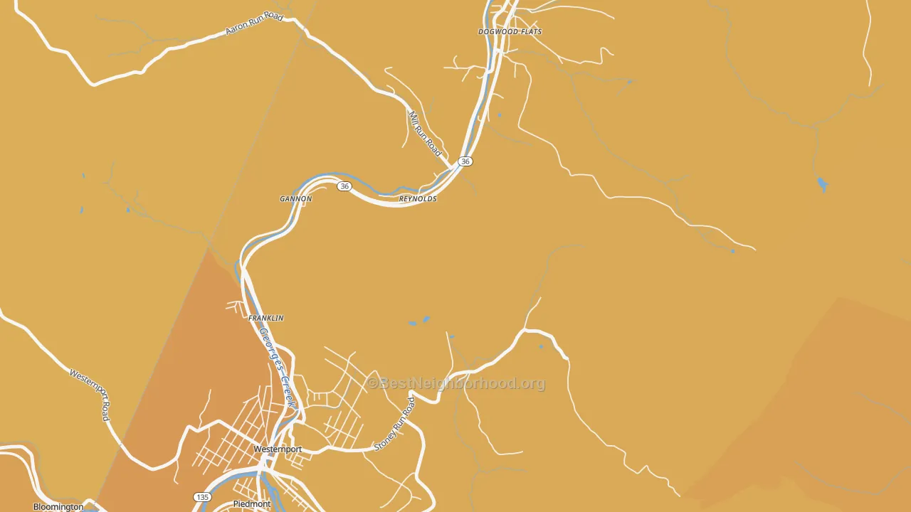 Map of the best neighborhoods in the Reynolds area, with better matches in green and worse matches in red