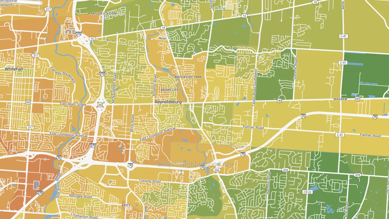 Map of the best neighborhoods in the Reynoldsburg area, with better matches in green and worse matches in red