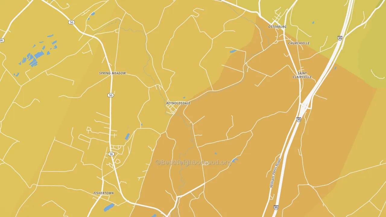 Map of the best neighborhoods in the Reynoldsdale area, with better matches in green and worse matches in red
