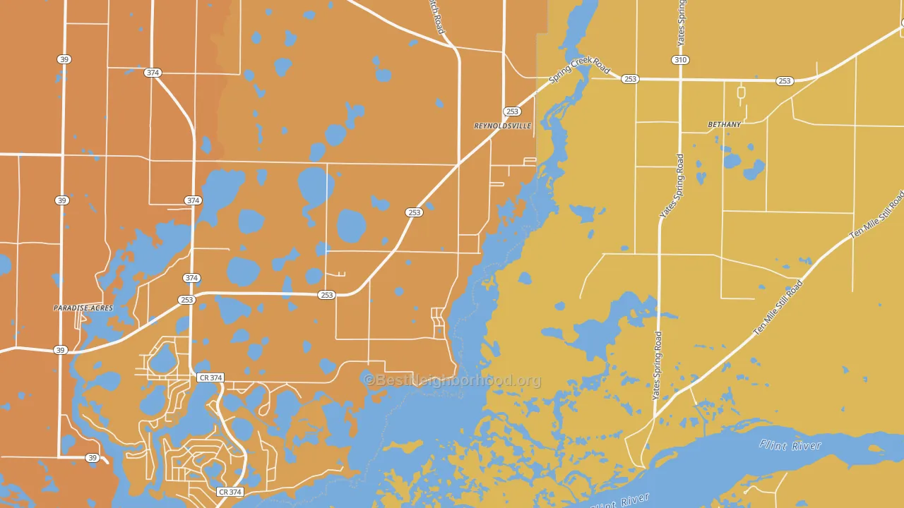 Map of the best neighborhoods in the Reynoldsville area, with better matches in green and worse matches in red