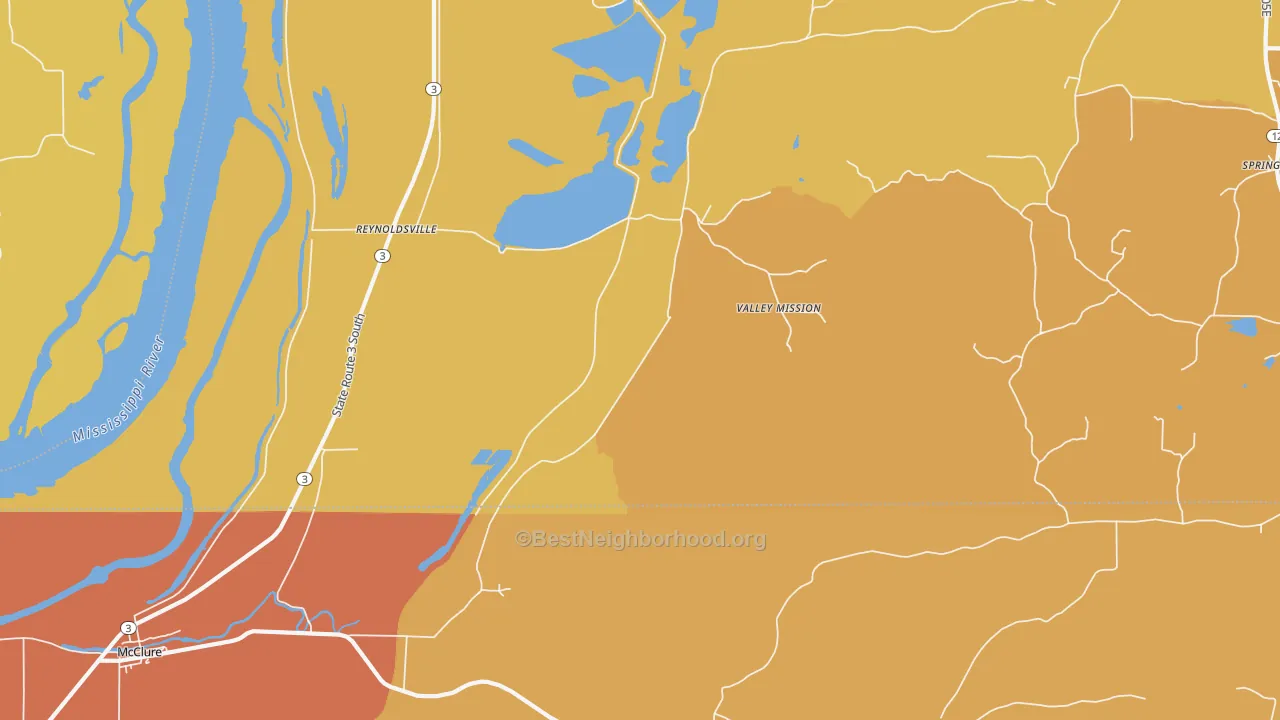 Map of the best neighborhoods in the Reynoldsville area, with better matches in green and worse matches in red