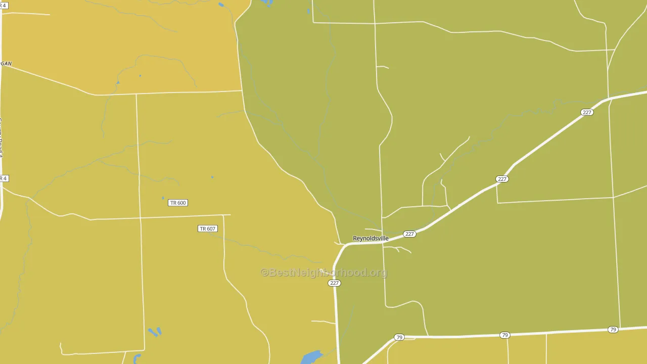 Map of the best neighborhoods in the Reynoldsville area, with better matches in green and worse matches in red