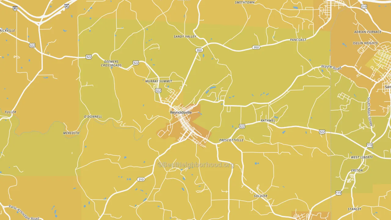 Map of the best neighborhoods in the Reynoldsville area, with better matches in green and worse matches in red