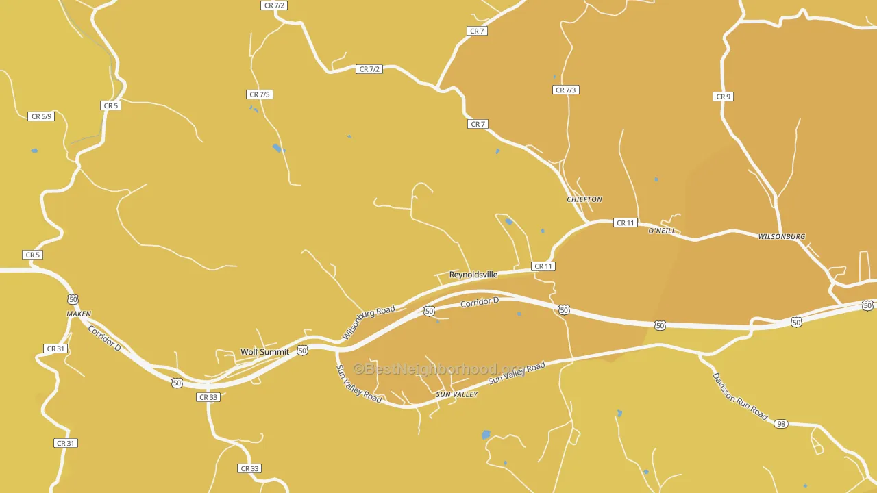 Map of the best neighborhoods in the Reynoldsville area, with better matches in green and worse matches in red