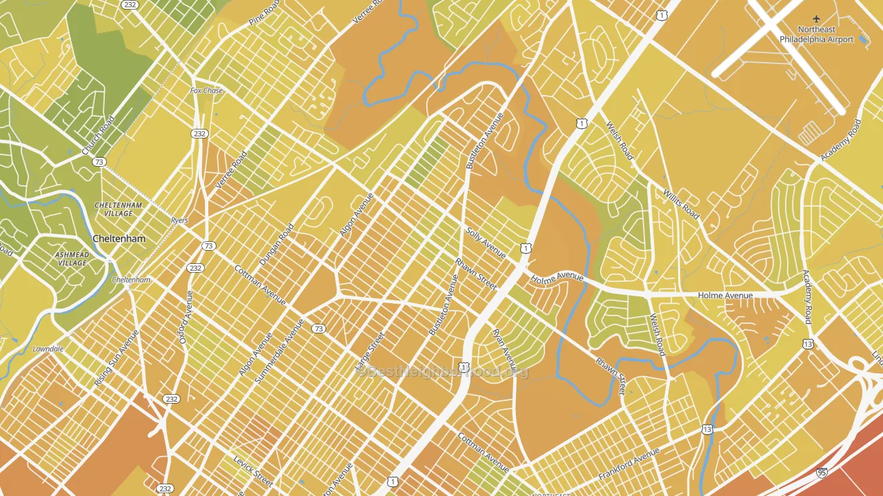Map of the best neighborhoods in the Rhawnhurst, Philadelphia area, with better matches in green and worse matches in red