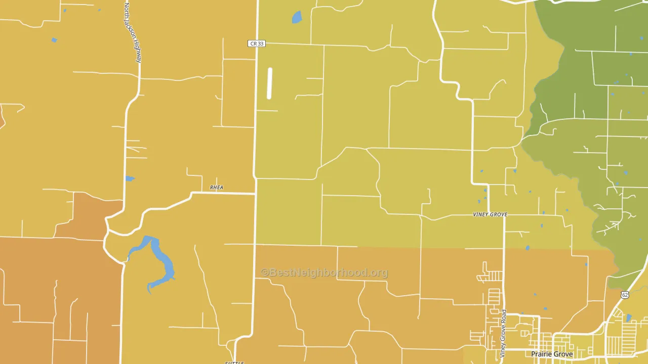 Map of the best neighborhoods in the Rhea area, with better matches in green and worse matches in red