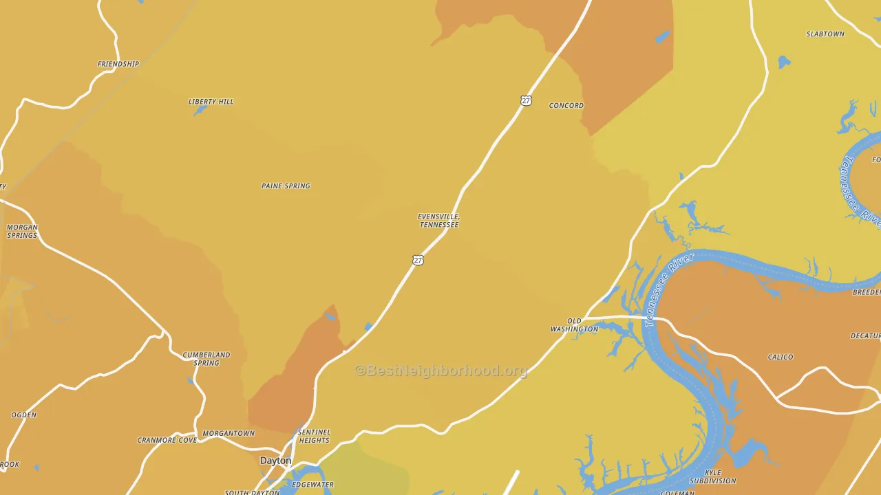 Map of the best neighborhoods in the Rhea County area, with better matches in green and worse matches in red