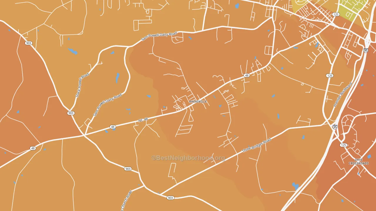 Map of the best neighborhoods in the Rheasville area, with better matches in green and worse matches in red