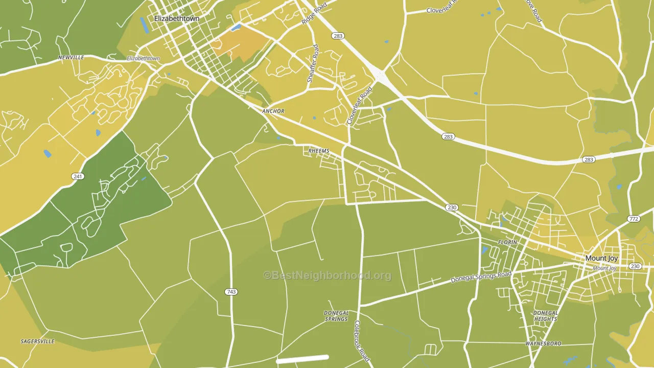 Map of the best neighborhoods in the Rheems area, with better matches in green and worse matches in red