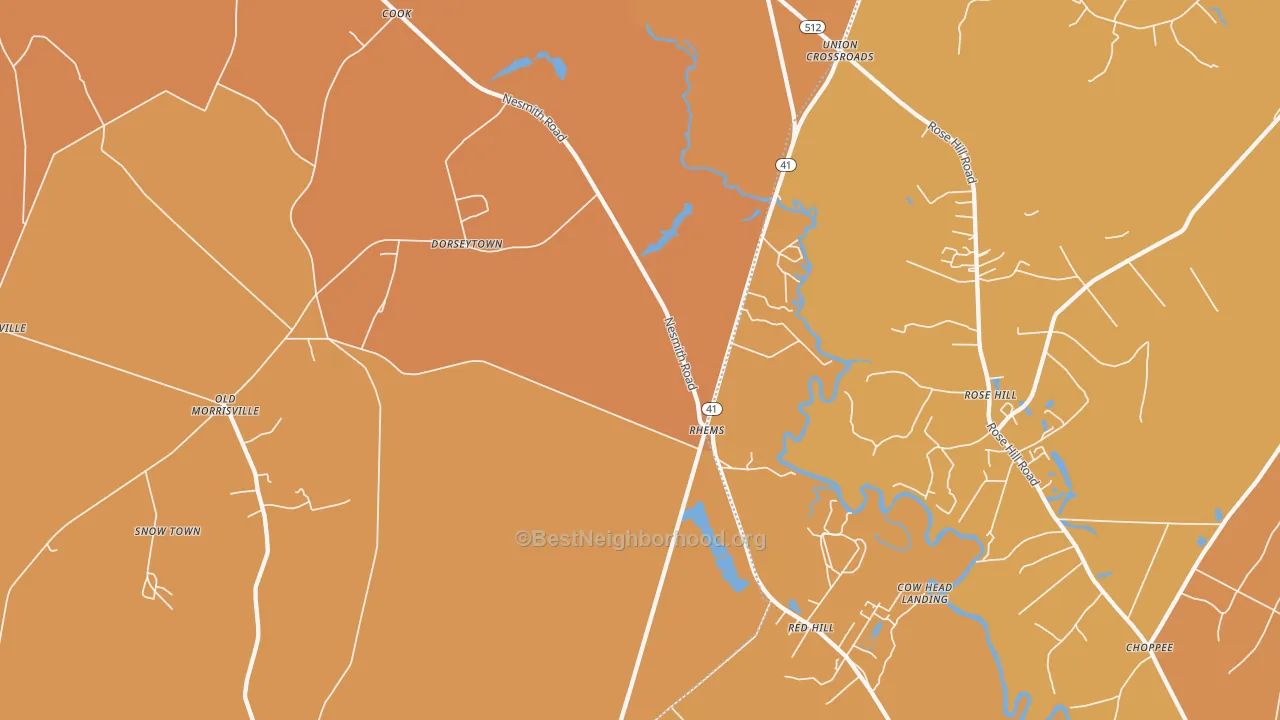 Map of the best neighborhoods in the Rhems area, with better matches in green and worse matches in red