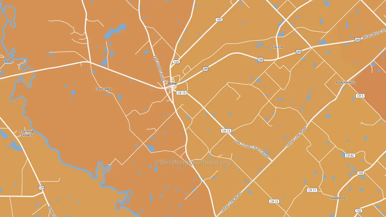 Map of the best neighborhoods in the Rhine area, with better matches in green and worse matches in red