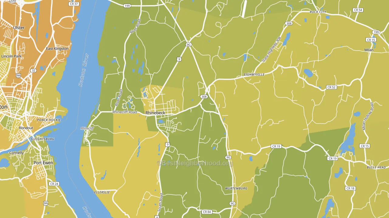 Map of the best neighborhoods in the Rhinebeck area, with better matches in green and worse matches in red