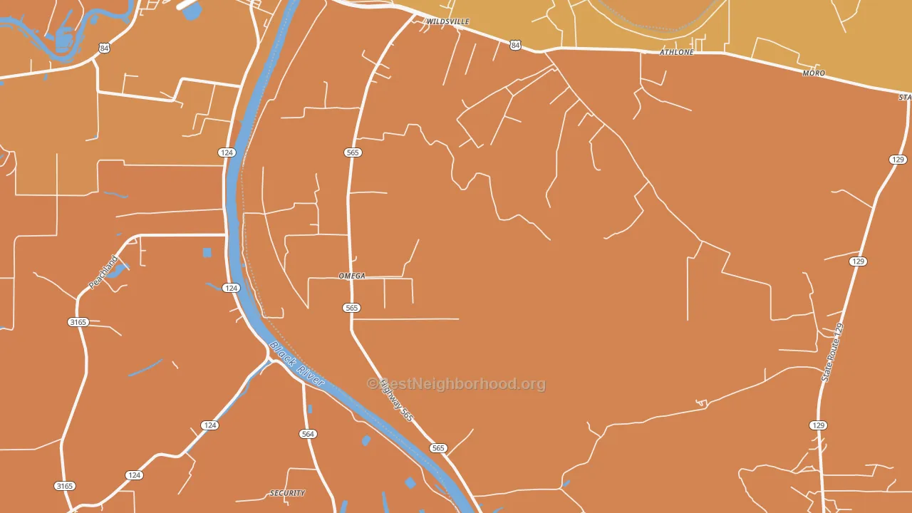 Map of the best neighborhoods in the Rhinehart area, with better matches in green and worse matches in red