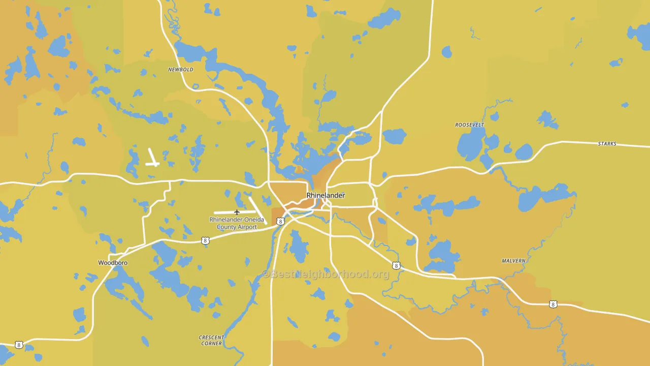 Map of the best neighborhoods in the Rhinelander area, with better matches in green and worse matches in red