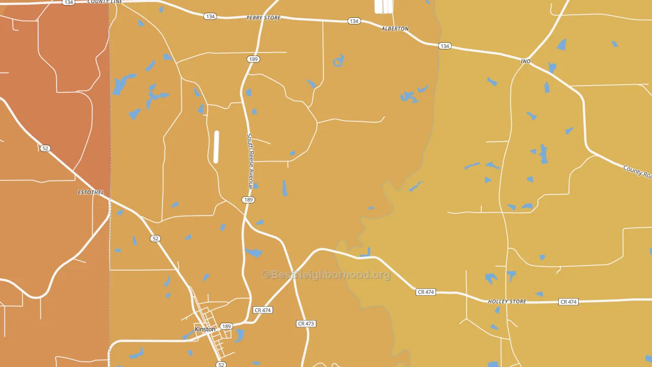 Map of the best neighborhoods in the Rhoades area, with better matches in green and worse matches in red