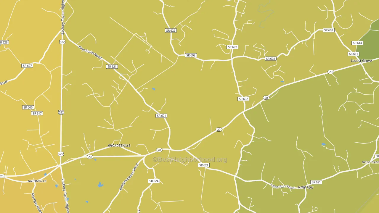 Map of the best neighborhoods in the Rhoadesville area, with better matches in green and worse matches in red
