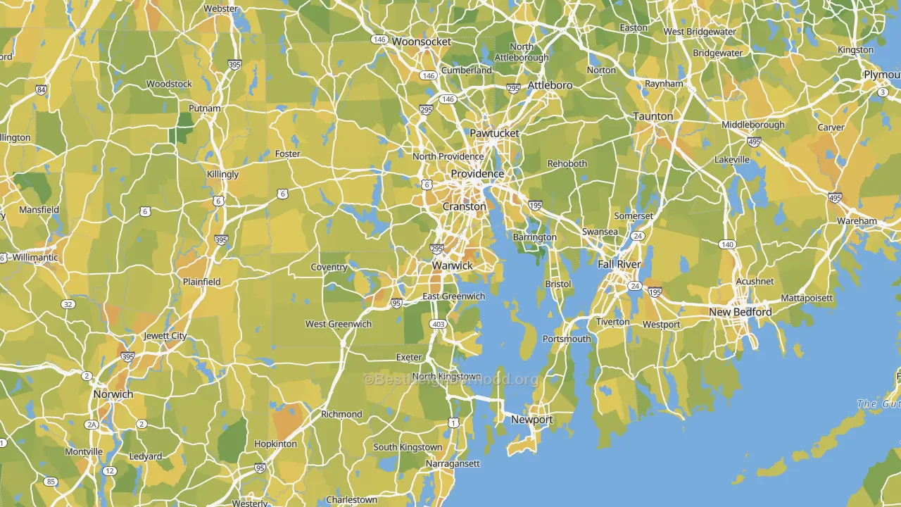 Map of the best neighborhoods in the Rhode Island area, with better matches in green and worse matches in red