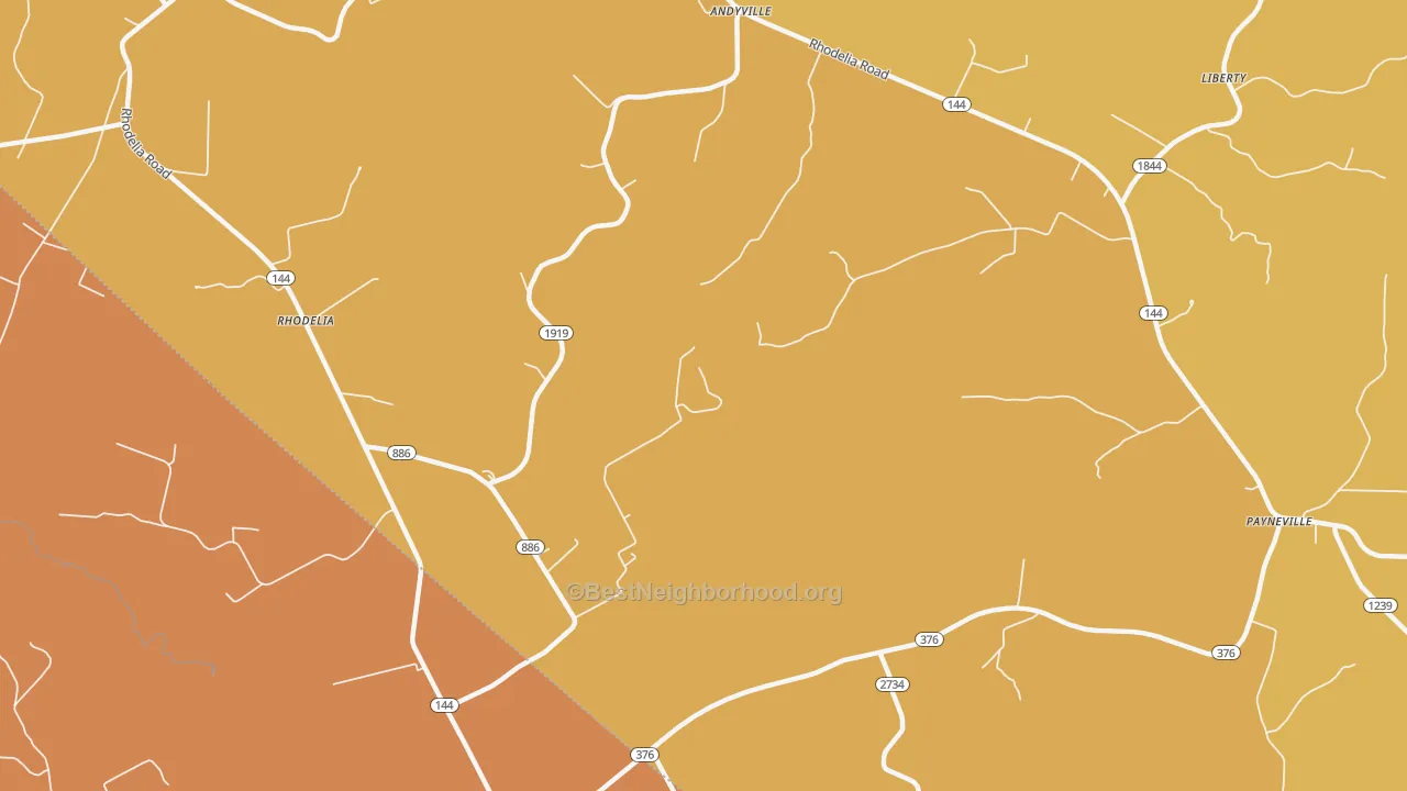Map of the best neighborhoods in the Rhodelia area, with better matches in green and worse matches in red