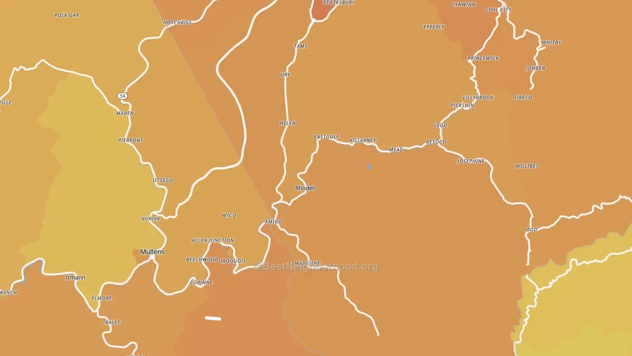 Map of the best neighborhoods in the Rhodell area, with better matches in green and worse matches in red