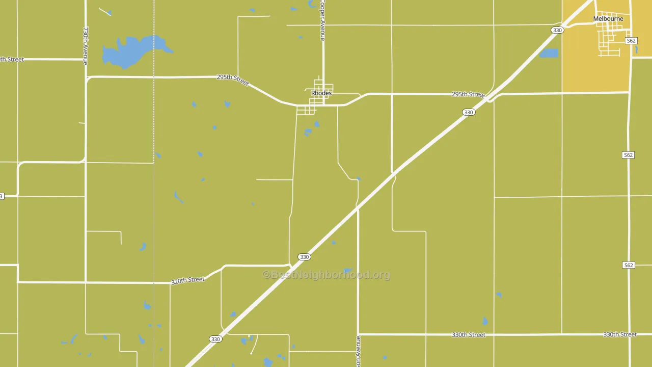 Map of the best neighborhoods in the Rhodes area, with better matches in green and worse matches in red