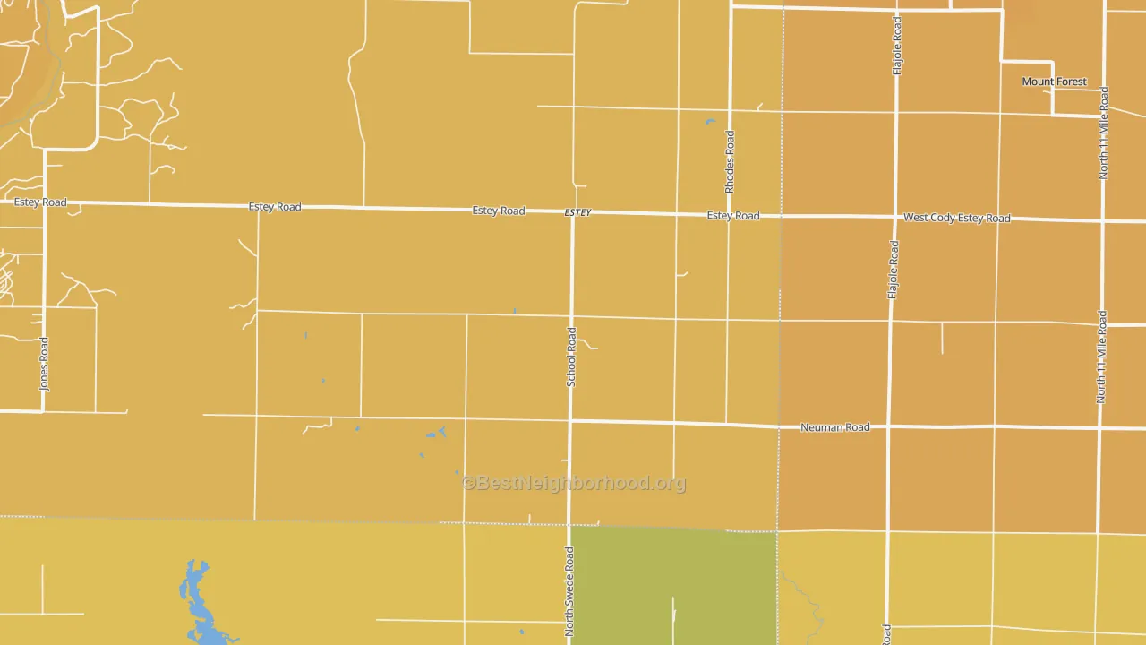 Map of the best neighborhoods in the Rhodes area, with better matches in green and worse matches in red