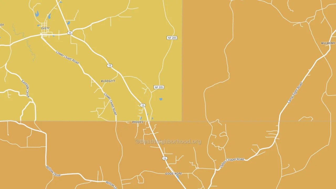 Map of the best neighborhoods in the Rhodes area, with better matches in green and worse matches in red