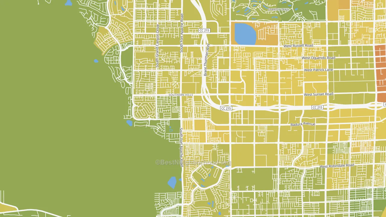 Map of the best neighborhoods in the Rhodes Ranch, Spring Valley area, with better matches in green and worse matches in red