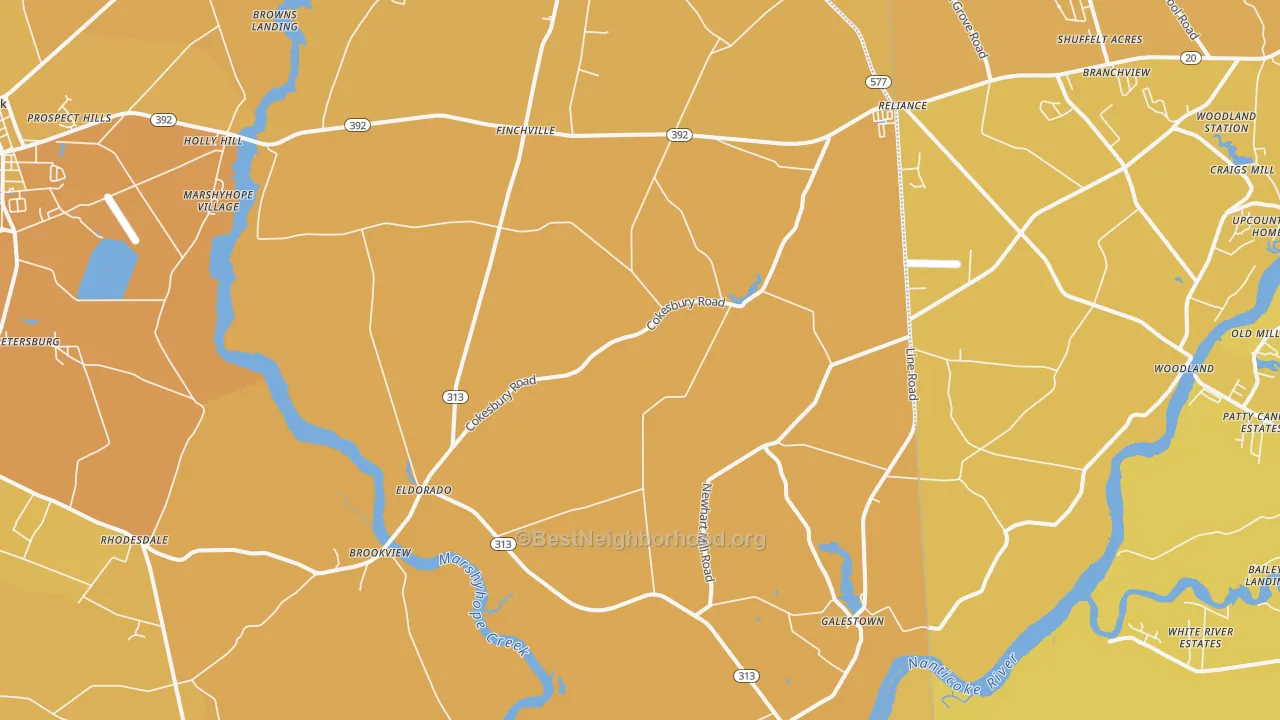 Map of the best neighborhoods in the Rhodesdale area, with better matches in green and worse matches in red