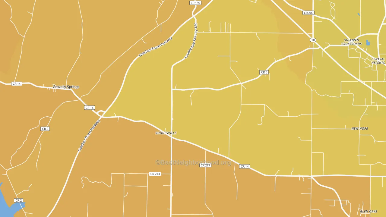 Map of the best neighborhoods in the Rhodesville area, with better matches in green and worse matches in red