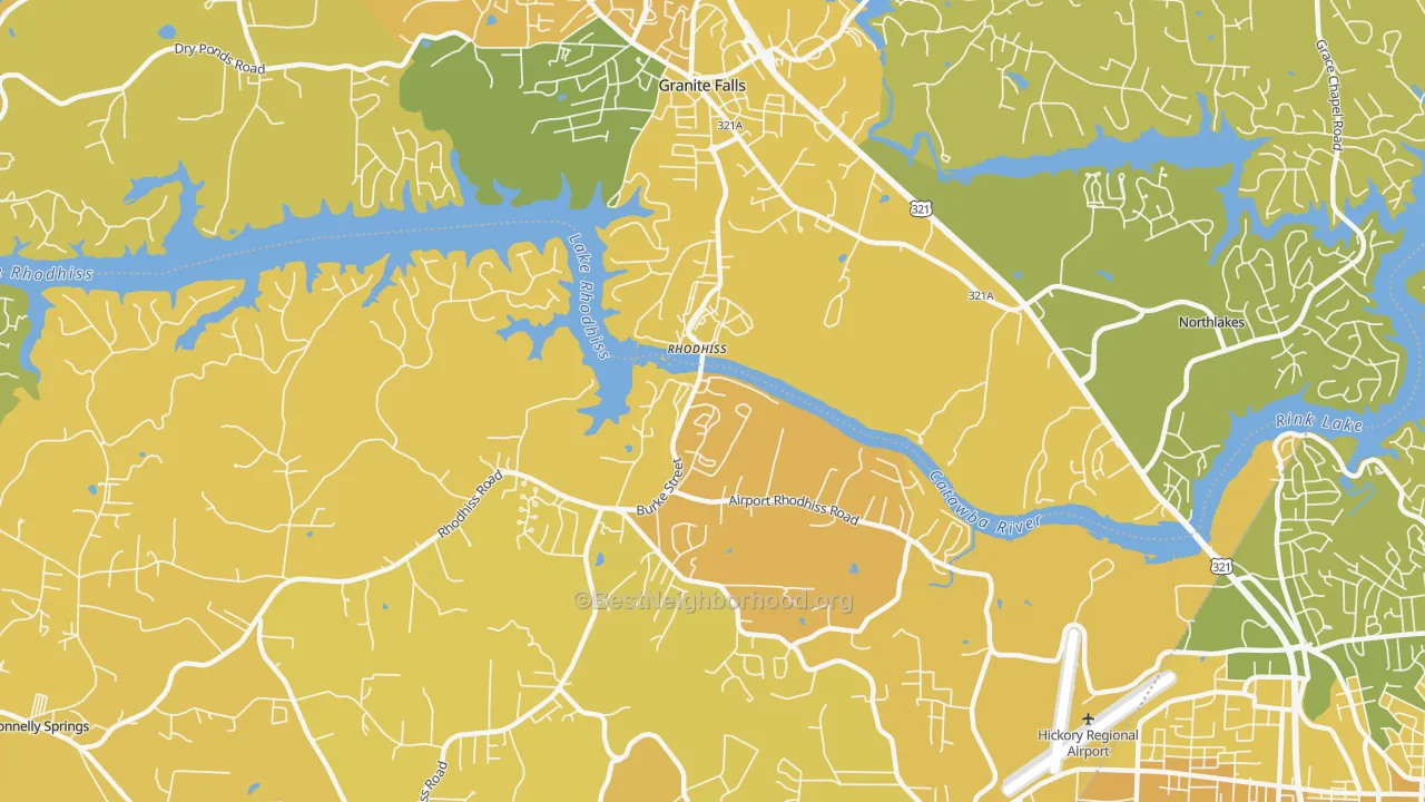 Map of the best neighborhoods in the Rhodhiss area, with better matches in green and worse matches in red