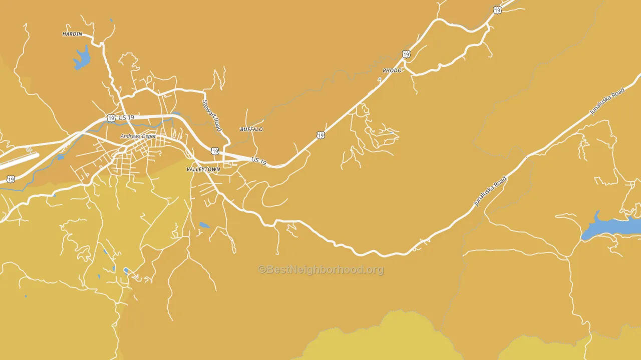 Map of the best neighborhoods in the Rhodo area, with better matches in green and worse matches in red