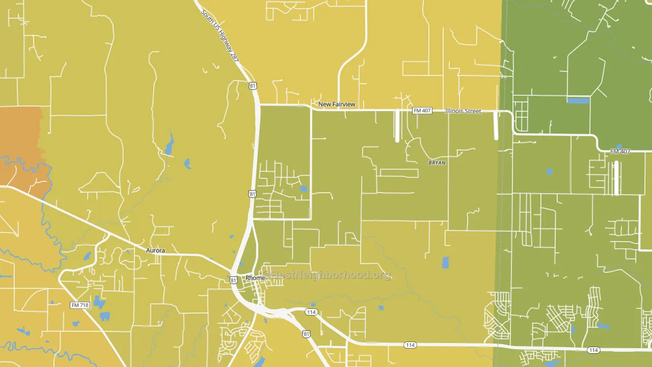 Map of the best neighborhoods in the Rhome area, with better matches in green and worse matches in red