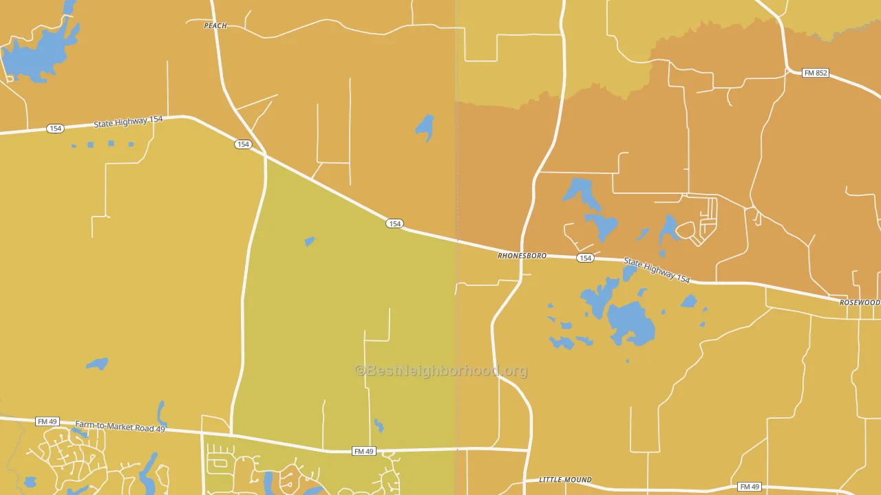 Map of the best neighborhoods in the Rhonesboro area, with better matches in green and worse matches in red