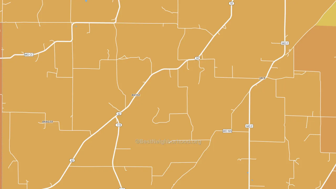 Map of the best neighborhoods in the Rhyse area, with better matches in green and worse matches in red