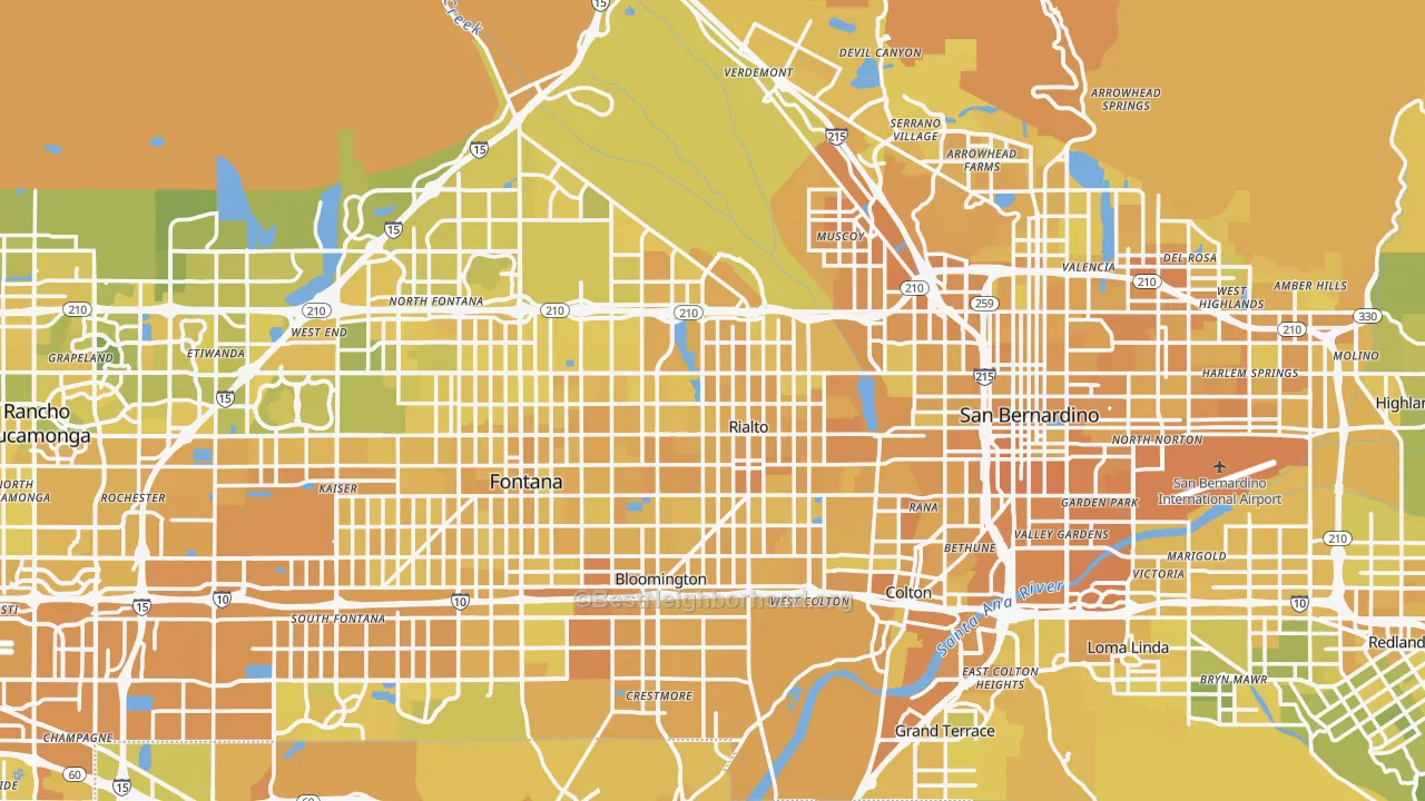 Map of the best neighborhoods in the Rialto area, with better matches in green and worse matches in red