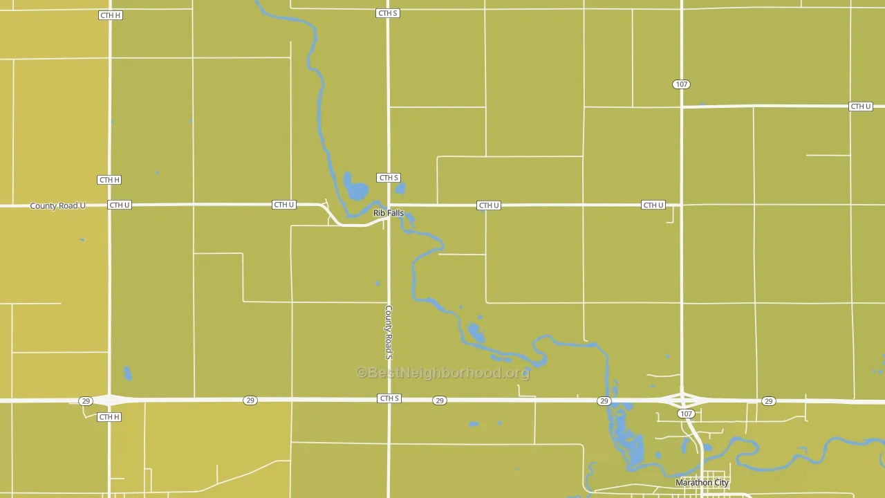 Map of the best neighborhoods in the Rib Falls area, with better matches in green and worse matches in red