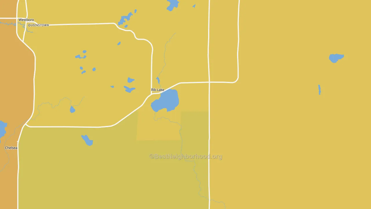Map of the best neighborhoods in the Rib Lake area, with better matches in green and worse matches in red