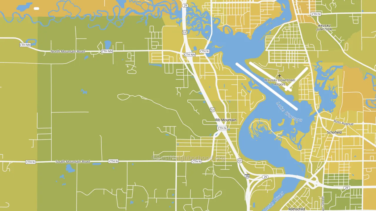 Map of the best neighborhoods in the Rib Mountain area, with better matches in green and worse matches in red