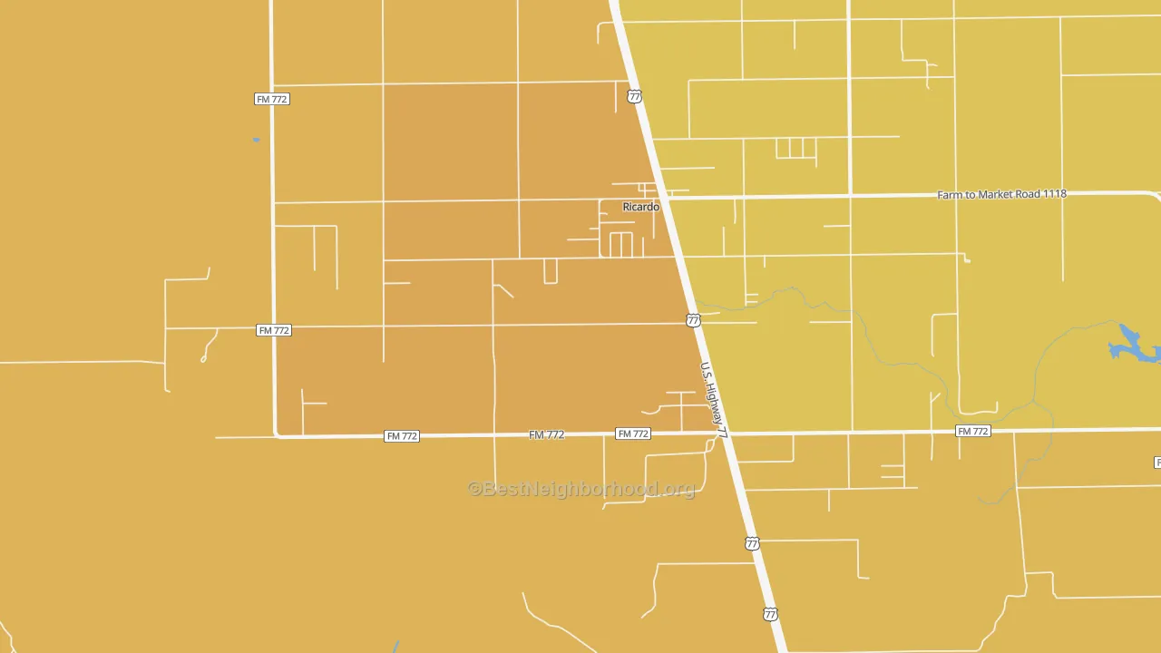 Map of the best neighborhoods in the Ricardo area, with better matches in green and worse matches in red
