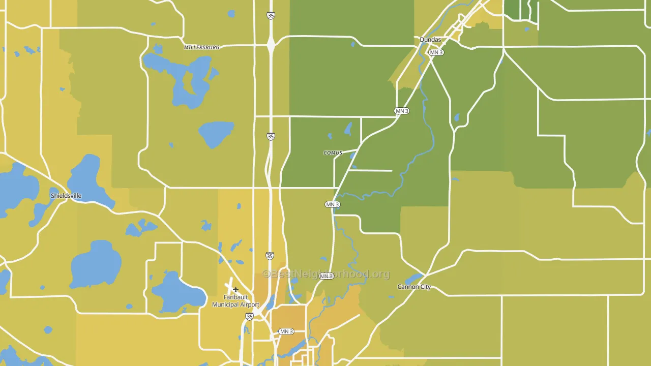 Map of the best neighborhoods in the Rice County area, with better matches in green and worse matches in red