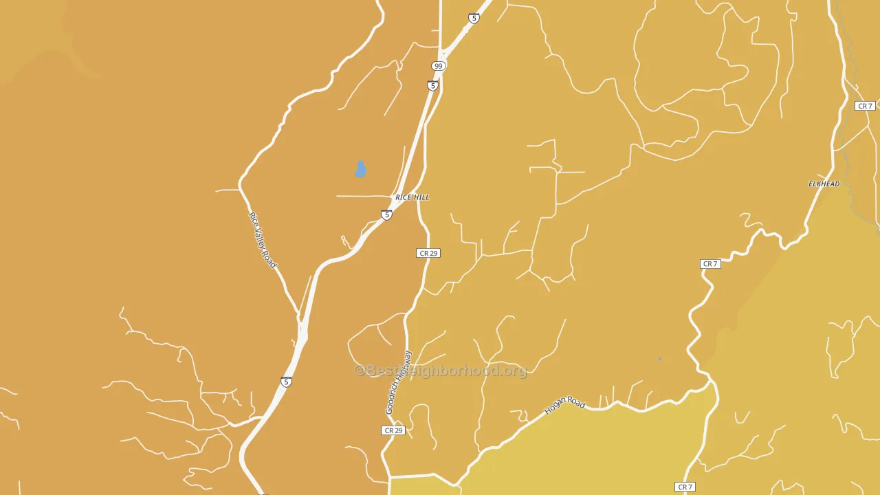 Map of the best neighborhoods in the Rice Hill area, with better matches in green and worse matches in red