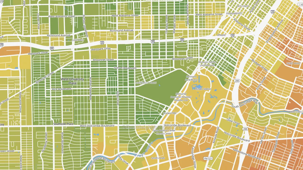 Map of the best neighborhoods in the Rice, Houston area, with better matches in green and worse matches in red