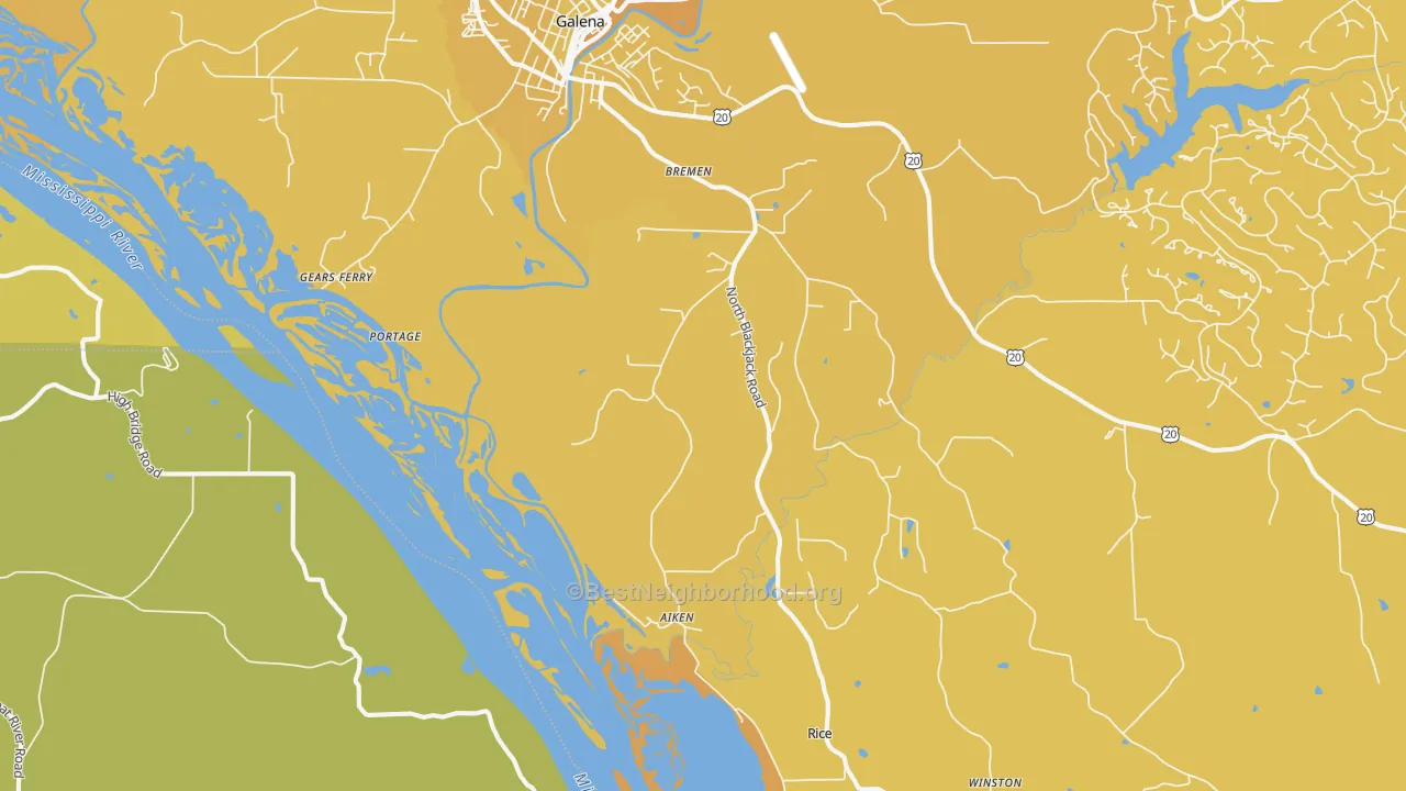 Map of the best neighborhoods in the Rice area, with better matches in green and worse matches in red