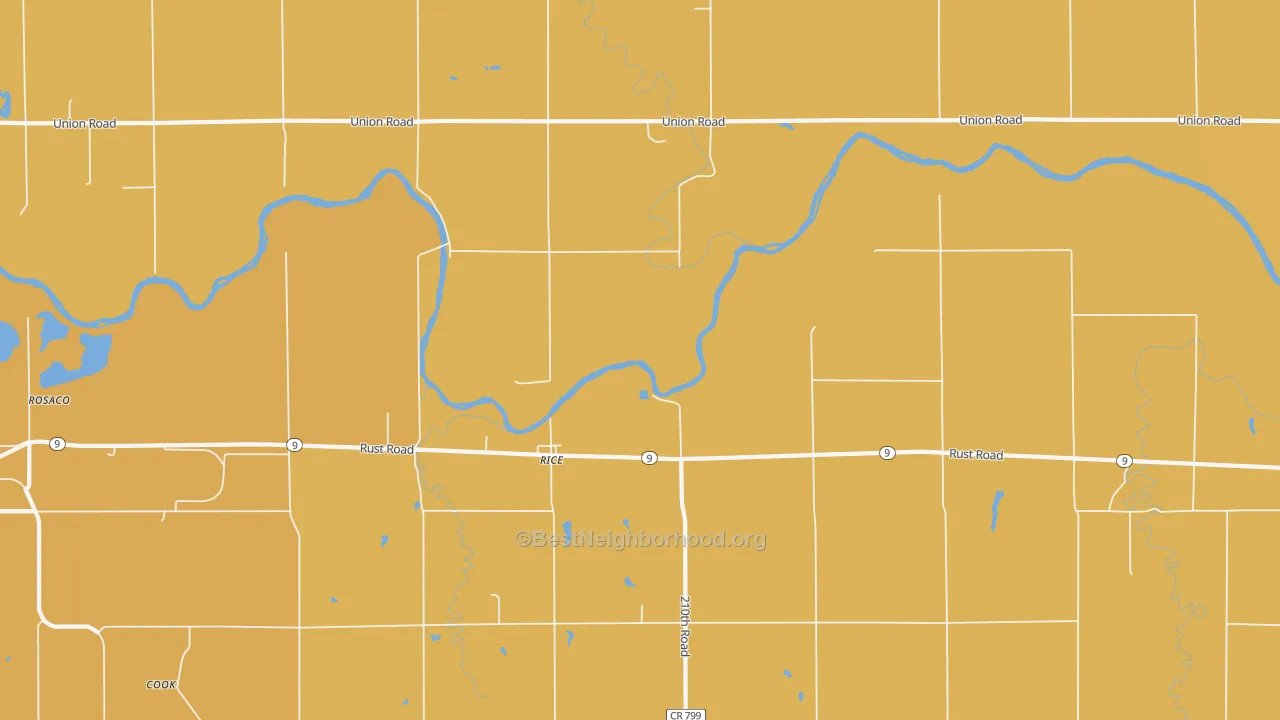 Map of the best neighborhoods in the Rice area, with better matches in green and worse matches in red