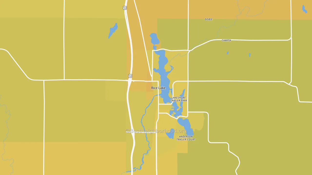 Map of the best neighborhoods in the Rice Lake area, with better matches in green and worse matches in red