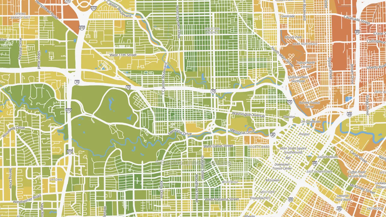 Map of the best neighborhoods in the Rice Military, Houston area, with better matches in green and worse matches in red