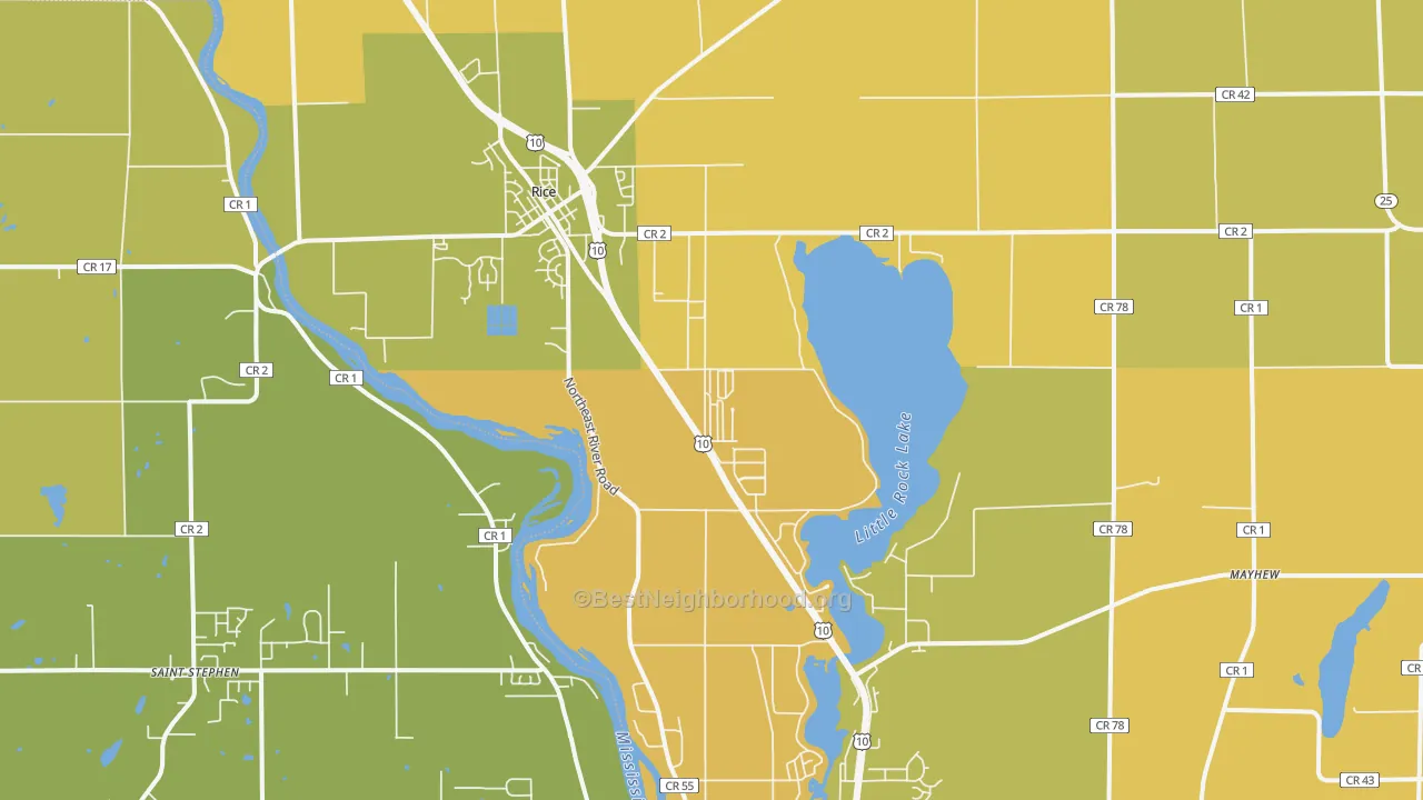 Map of the best neighborhoods in the Rice area, with better matches in green and worse matches in red